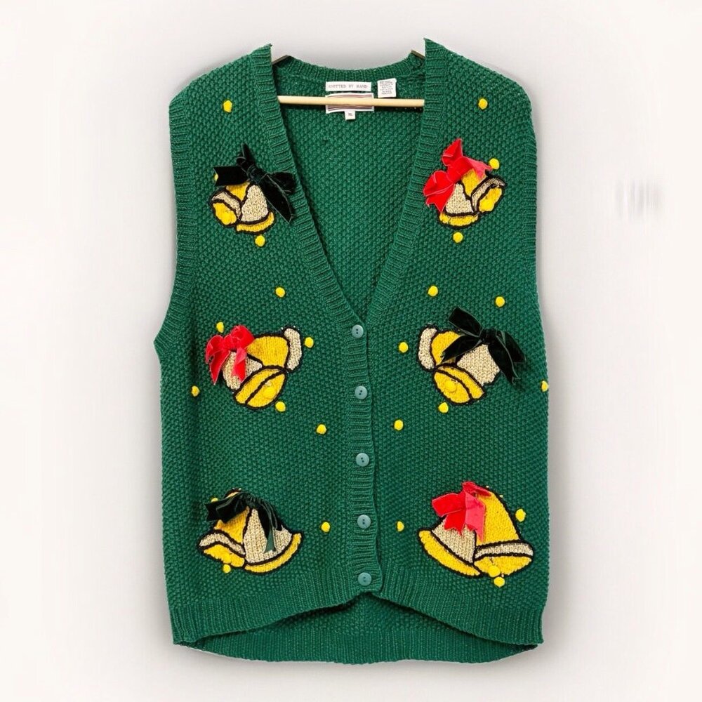 VTG Westbound Green Hand Knit Christmas Sweater Vest Size XL Velvet Bows Holiday